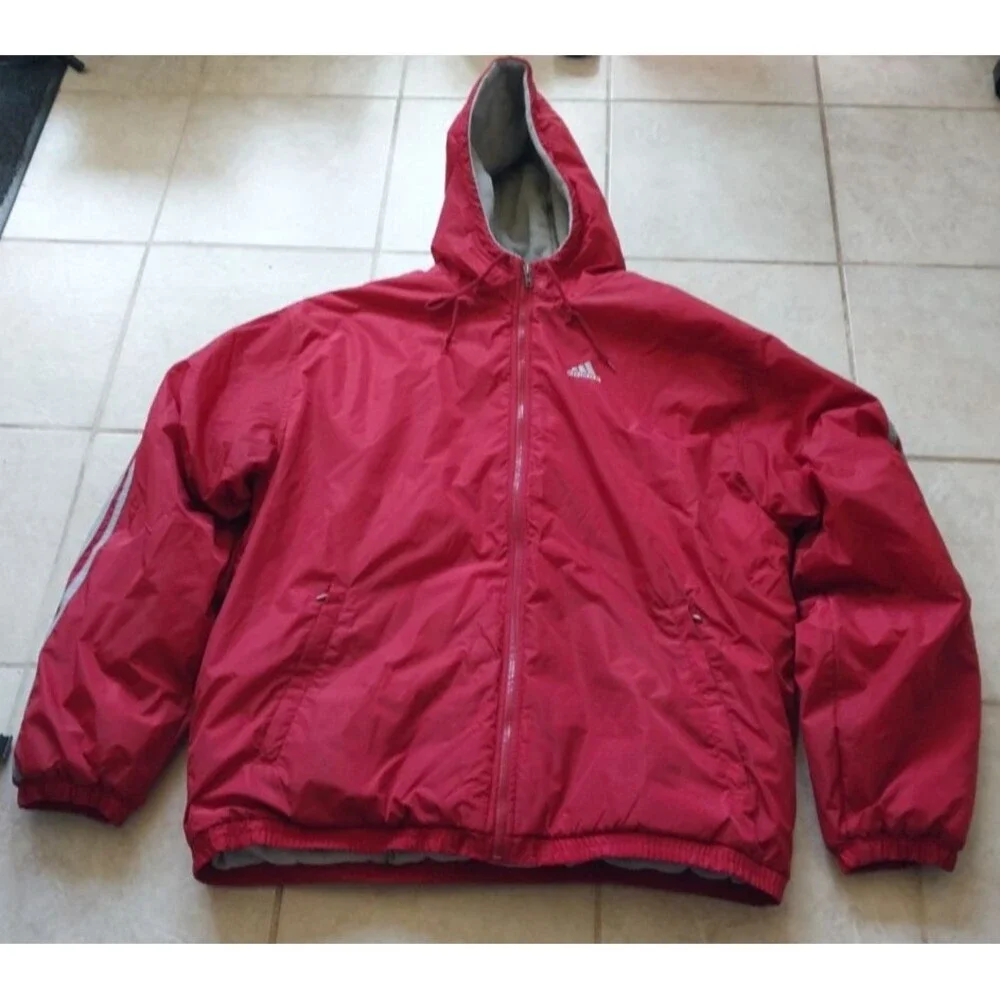 VTG Y2K Adidas Puffer Jacket Red Fleece Lined Hooded Men's Extra Large XL